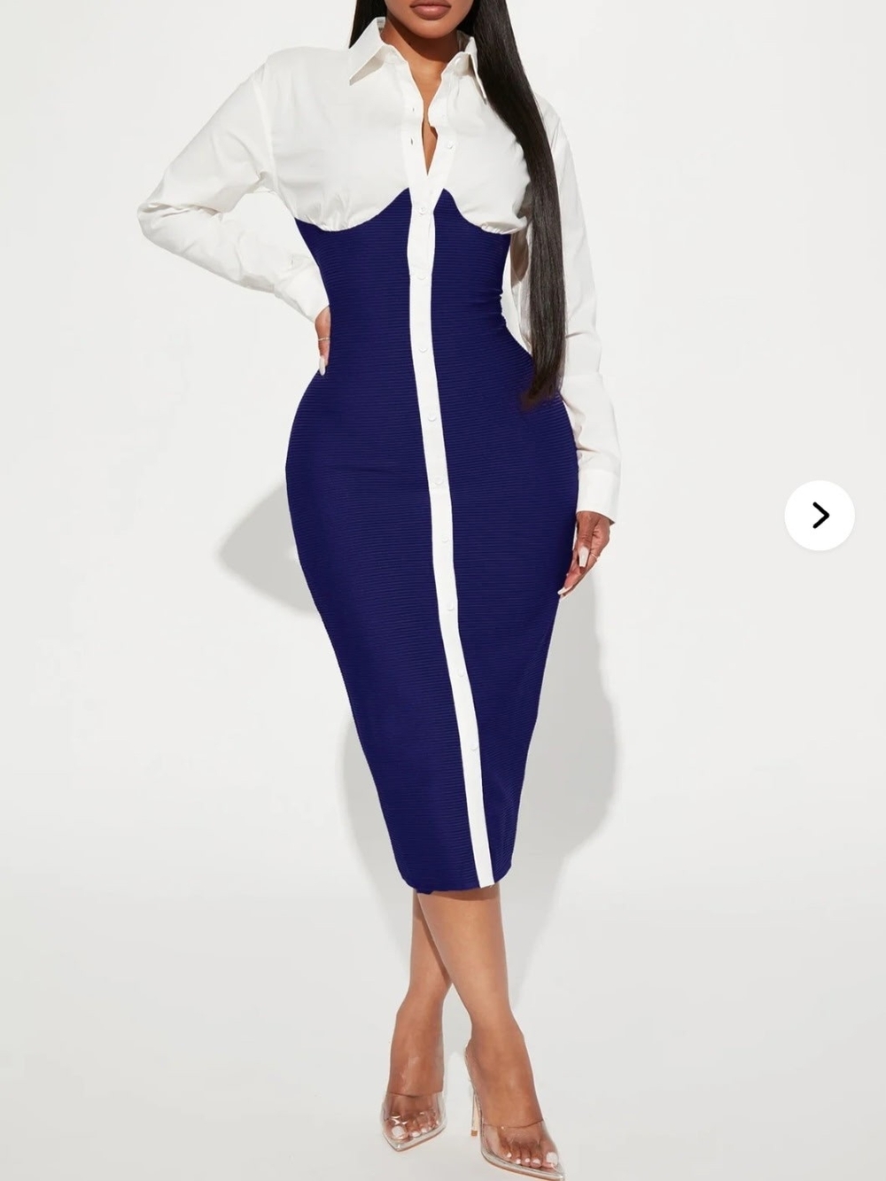 Fashion Nova White & Navy Two-Tone Midi Shirt Dress